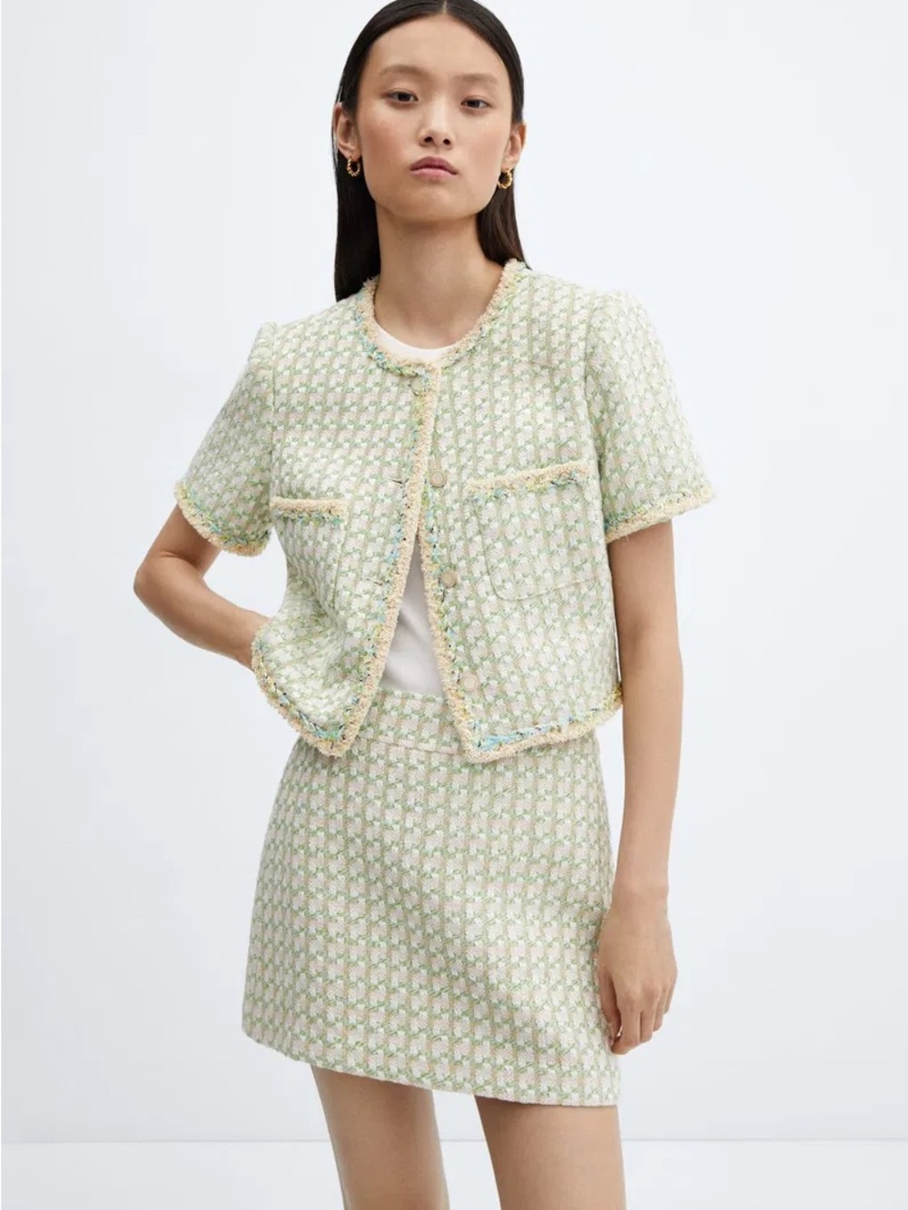 MANGO MNG Tweed Short-Sleeve Jacket and Skirt Set